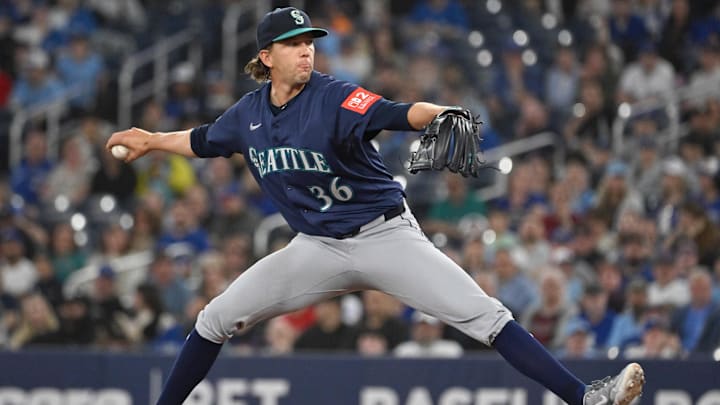Seattle Mariners starting pitcher Logan Gilbert throws during a game against the Toronto Blue Jays on April 19 at Rogers Centre. Seattle Mariners starting pitcher Logan Gilbert throws during a game against the Toronto Blue Jays on April 19 at Rogers Centre.