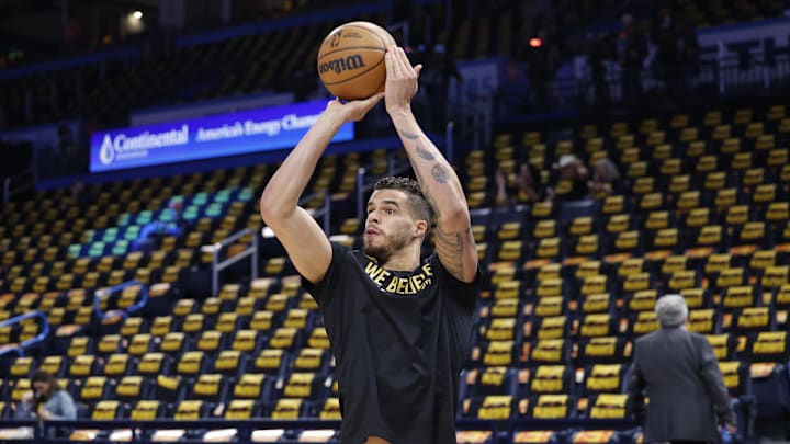 May 7, 2025; Oklahoma City, Oklahoma, USA; Denver Nuggets forward Michael Porter Jr. warms up before the start of game two of the second round against the Oklahoma City Thunder for the 2025 NBA Playoffs at Paycom Center. Mandatory Credit: Alonzo Adams-Imagn Images