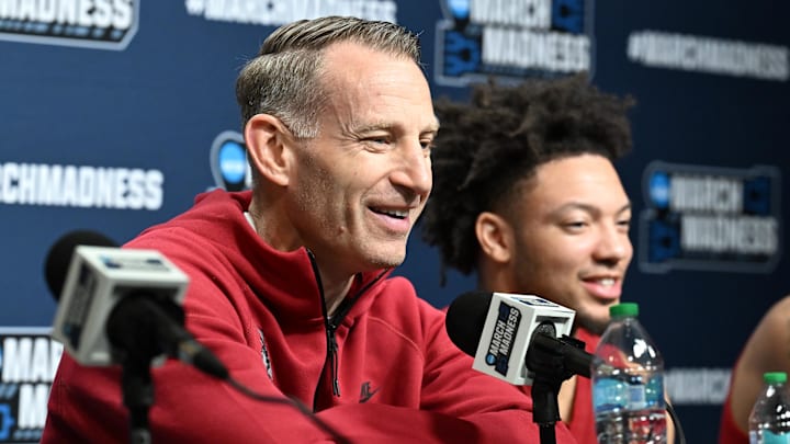 Mar 20, 2025; Cleveland, OH, USA; Alabama Crimson Tide head coach Nate Oates, left, and guard Mark Sears talk to the media before practice at Rocket Arena. Mandatory Credit: Ken Blaze-Imagn Images
Mar 20, 2025; Cleveland, OH, USA; Alabama Crimson Tide head coach Nate Oates, left, and guard Mark Sears talk to the media before practice at Rocket Arena. Mandatory Credit: Ken Blaze-Imagn Images