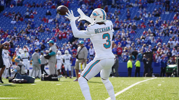 Nov 3, 2024; Orchard Park, New York, USA; Miami Dolphins wide receiver Odell Beckham Jr. (3) warms up prior to the game at Highmark Stadium. Mandatory Credit: Gregory Fisher-Imagn Images