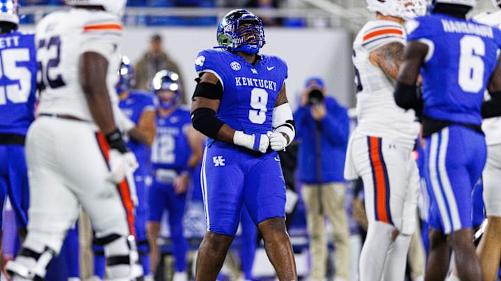 Oct 26, 2024; Lexington, Kentucky, USA; Kentucky Wildcats defensive lineman Keeshawn Silver (9) celebrates after a missed field goal by the Auburn Tigers during the third quarter at Kroger Field. Mandatory Credit: Jordan Prather-Imagn Images