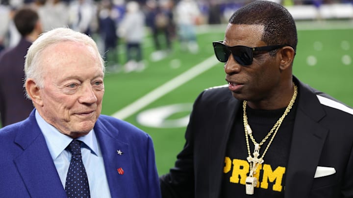 Colorado Buffaloes head coach Deion Sanders (right) talks with Dallas Cowboys owner Jerry Jones
