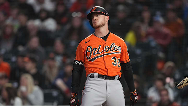 Jun 3, 2023; San Francisco, California, USA;  Baltimore Orioles right fielder Ryan O'Hearn (32) reacts after a called strike against the San Francisco Giants during the sixth inning at Oracle Park. Mandatory Credit: Darren Yamashita-Imagn Images
