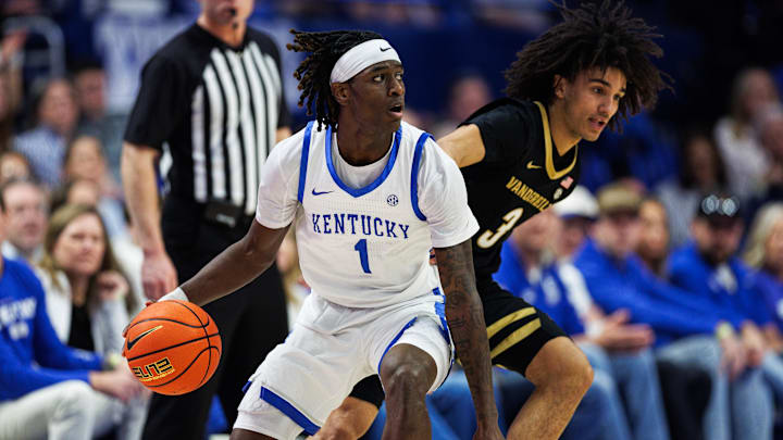 Feb 28, 2026; Lexington, Kentucky, USA; Kentucky Wildcats guard Denzel Aberdeen (1) handles the ball against the Vanderbilt Commodores at Rupp Arena at Central Bank Center. Mandatory Credit: Jordan Prather-Imagn Images