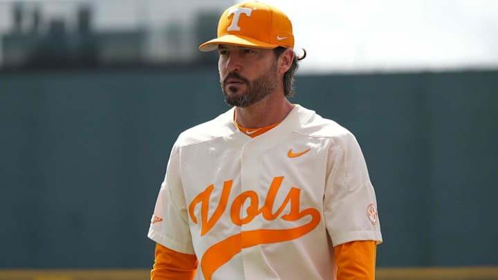 Tennessee baseball head coach Tony Vitello during a NCAA baseball game between the Tennessee Volunteers and Florida Gators at Lindsey Nelson Stadium in Knoxville, Tenn., on Sunday, March 16, 2025. Tennessee baseball head coach Tony Vitello during a NCAA baseball game between the Tennessee Volunteers and Florida Gators at Lindsey Nelson Stadium in Knoxville, Tenn., on Sunday, March 16, 2025.