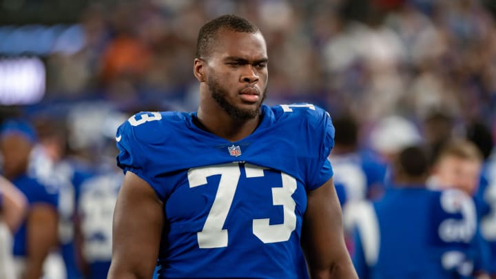 Aug 21, 2022; East Rutherford, New Jersey, USA; New York Giants offensive lineman Evan Neal (73) during the second half against the Cincinnati Bengals at MetLife Stadium. Aug 21, 2022; East Rutherford, New Jersey, USA; New York Giants offensive lineman Evan Neal (73) during the second half against the Cincinnati Bengals at MetLife Stadium.