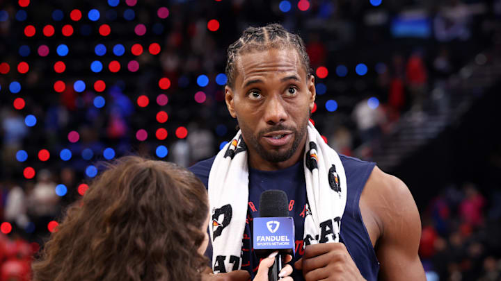 Jan 4, 2025; Inglewood, California, USA;  Los Angeles Clippers forward Kawhi Leonard (2) talks during a post game interview after defeating the Atlanta Hawks at Intuit Dome.
