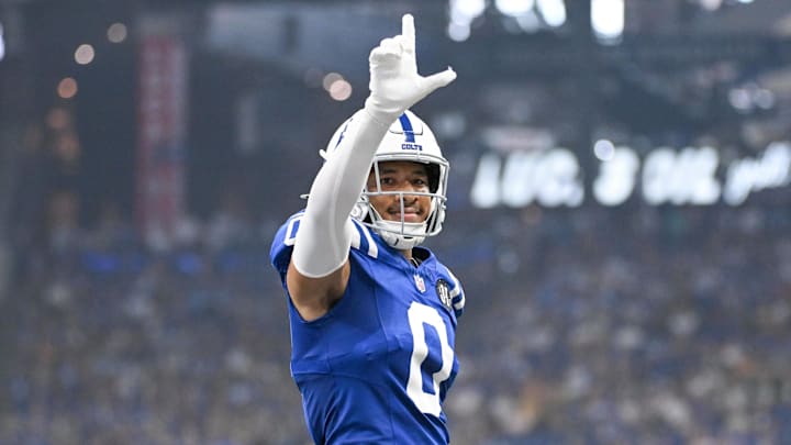 Aug 16, 2025; Indianapolis, Indiana, USA; Indianapolis Colts safety Cam Bynum (0) celebrates after a defensive stop during the first half against the Green Bay Packers at Lucas Oil Stadium. Mandatory Credit: Robert Goddin-Imagn Images