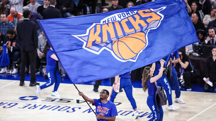 Apr 20, 2024; New York, New York, USA; The New York Knicks hype squad performs during a timeout in