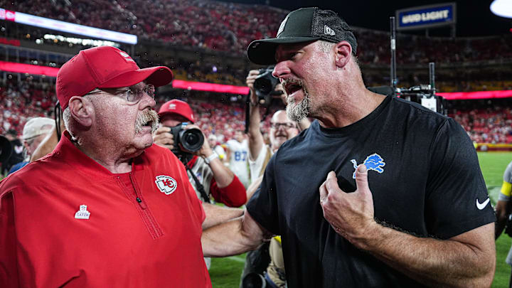 Detroit Lions head coach Dan Campbell, right, talks to Kansas City Chiefs head coach Andy Reid after 30-17 loss at Arrowhead Stadium in Kansas City, Missouri on Sunday, Oct. 12, 2025. Detroit Lions head coach Dan Campbell, right, talks to Kansas City Chiefs head coach Andy Reid after 30-17 loss at Arrowhead Stadium in Kansas City, Missouri on Sunday, Oct. 12, 2025.