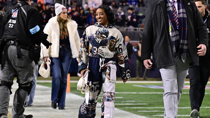 Biles was on the sidelines before the Chicago Bears took on the Seattle Seahawks. Biles was on the sidelines before the Chicago Bears took on the Seattle Seahawks.