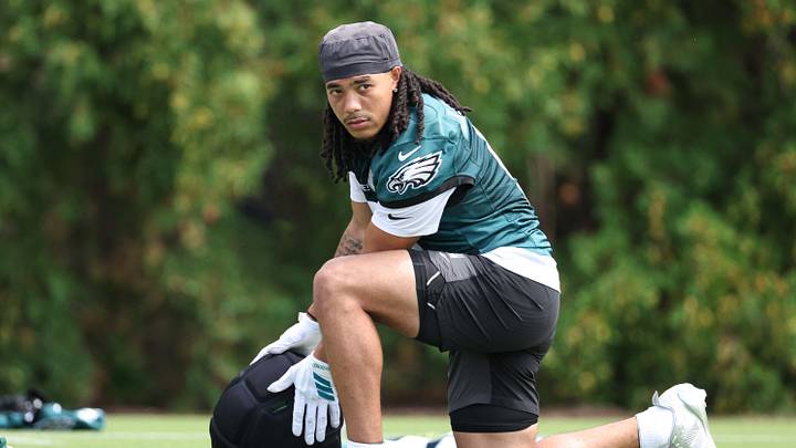 Philadelphia Eagles wide receiver Makai Lemon (9) looks on during training camp at Jefferson Health Training Complex. Philadelphia Eagles wide receiver Makai Lemon (9) looks on during training camp at Jefferson Health Training Complex.