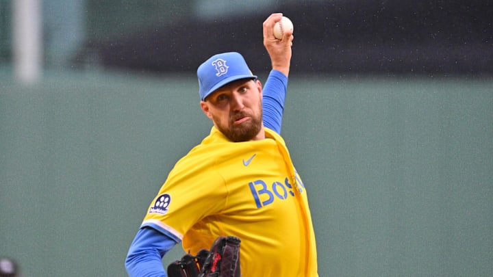 Apr 19, 2026; Boston, Massachusetts, USA; Boston Red Sox starting pitcher Garrett Crochet (35) pitches against the Detroit Tigers during the first inning at Fenway Park. Mandatory Credit: Eric Canha-Imagn Images
