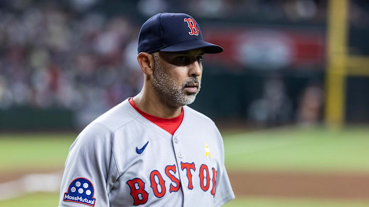 Sep 7, 2025; Phoenix, Arizona, USA; Boston Red Sox manager Alex Cora against the Arizona Diamondbacks at Chase Field. Mandatory Credit: Mark J. Rebilas-Imagn Images Sep 7, 2025; Phoenix, Arizona, USA; Boston Red Sox manager Alex Cora against the Arizona Diamondbacks at Chase Field. Mandatory Credit: Mark J. Rebilas-Imagn Images
