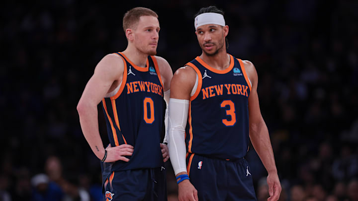 Apr 12, 2024; New York, New York, USA; New York Knicks guard Donte DiVincenzo (0) talks with guard