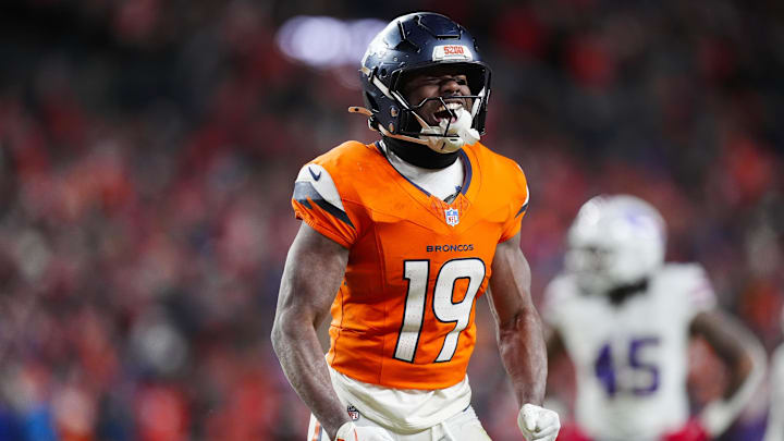 Jan 17, 2026; Denver, CO, USA; Denver Broncos wide receiver Marvin Mims Jr. (19) reacts after a play during overtime of an AFC Divisional Round playoff game against the Buffalo Bills at Empower Field at Mile High. Mandatory Credit: Ron Chenoy-Imagn Images Jan 17, 2026; Denver, CO, USA; Denver Broncos wide receiver Marvin Mims Jr. (19) reacts after a play during overtime of an AFC Divisional Round playoff game against the Buffalo Bills at Empower Field at Mile High. Mandatory Credit: Ron Chenoy-Imagn Images