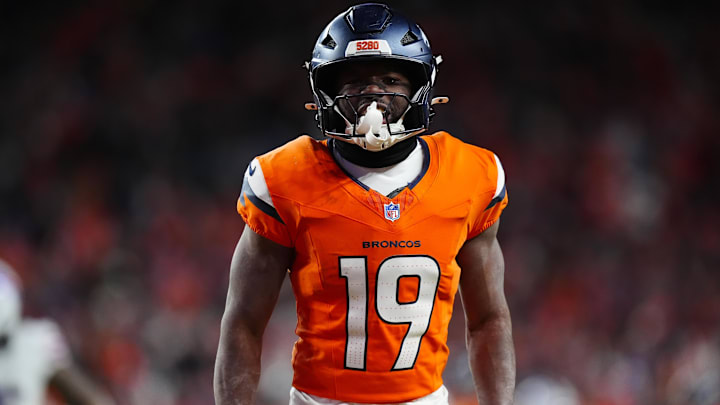 Jan 17, 2026; Denver, CO, USA; Denver Broncos wide receiver Marvin Mims Jr. (19) reacts after a play during overtime of an AFC Divisional Round playoff game against the Buffalo Bills at Empower Field at Mile High. 