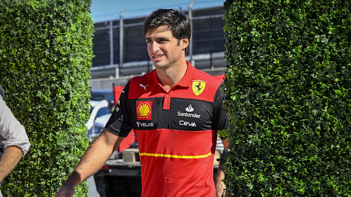 Oct 21, 2022; Austin, Texas, USA; Scuderia Ferrari driver Carlos Sainz (55) of Team Spain arrives Oct 21, 2022; Austin, Texas, USA; Scuderia Ferrari driver Carlos Sainz (55) of Team Spain arrives