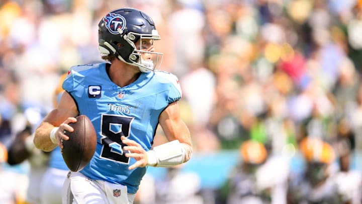 Sep 22, 2024; Nashville, Tennessee, USA;  Tennessee Titans Will Levis (8) scrambles against the Green Bay Packers during the first half at Nissan Stadium. Mandatory Credit: Steve Roberts-Imagn Images