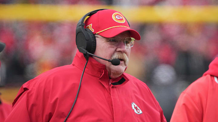 Kansas City Chiefs head coach Andy Reid on the sidelines against the Houston Texans during the first half of a 2025 AFC divisional round game at GEHA Field at Arrowhead Stadium.