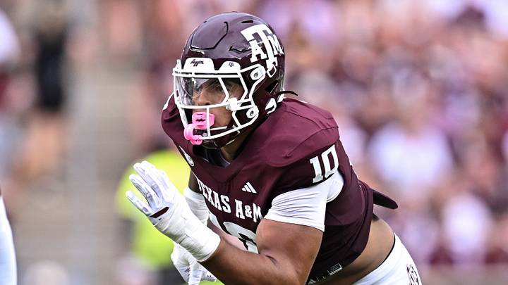Sep 5, 2026; College Station, Texas, USA; Texas A&M Aggies defensive end Marco Jones (10) defends in coverage during the first quarter against the Missouri State Bears at Kyle Field. Mandatory Credit: Maria Lysaker-Imagn Images Sep 5, 2026; College Station, Texas, USA; Texas A&M Aggies defensive end Marco Jones (10) defends in coverage during the first quarter against the Missouri State Bears at Kyle Field. Mandatory Credit: Maria Lysaker-Imagn Images