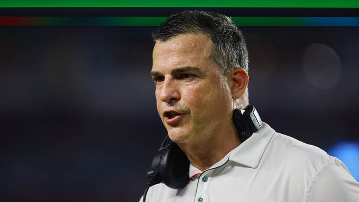Sep 27, 2024; Miami Gardens, Florida, USA; Miami Hurricanes head coach Mario Cristobal looks on against the Virginia Tech Hokies during the third quarter at Hard Rock Stadium. Mandatory Credit: Sam Navarro-Imagn Images