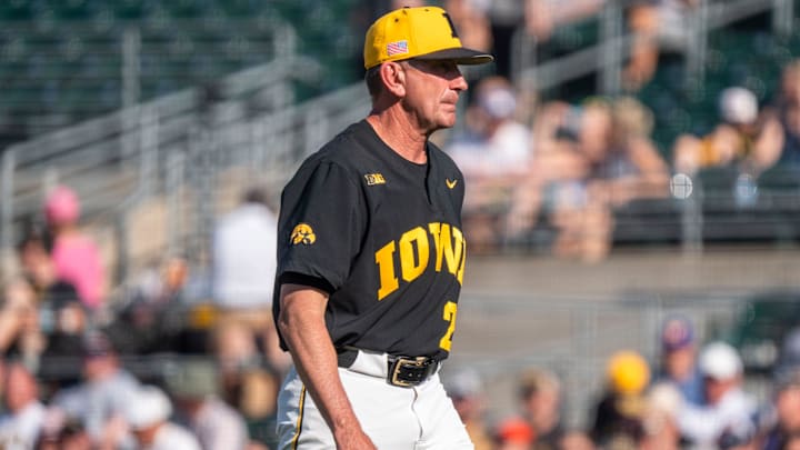 Iowa head coach Rick Heller leaves the mound during game 2 of Iowa vs. Oregon State baseball at Principal Park on May 10, 2025, in Des Moines.