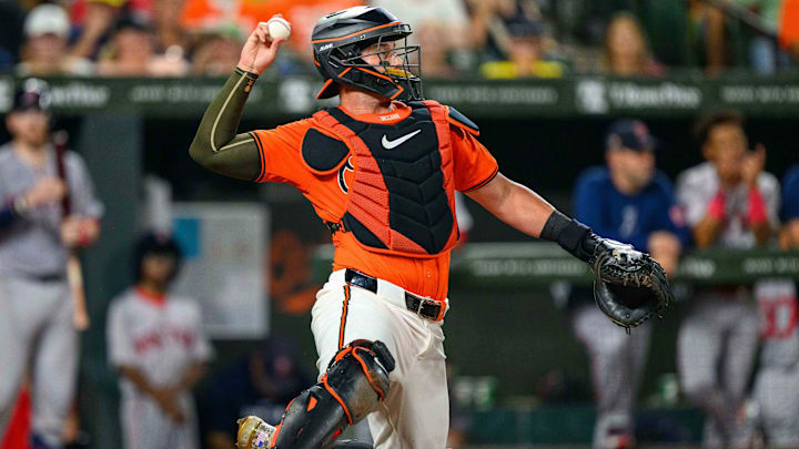 Aug 17, 2024; Baltimore, Maryland, USA; Baltimore Orioles catcher James McCann (27) throws the ball during the fifth inning against the Boston Red Sox at Oriole Park at Camden Yards. Aug 17, 2024; Baltimore, Maryland, USA; Baltimore Orioles catcher James McCann (27) throws the ball during the fifth inning against the Boston Red Sox at Oriole Park at Camden Yards.