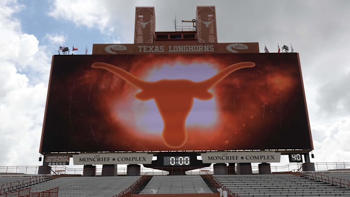 Sep 15, 2018; Austin, TX, USA; General overall view of the Texas Longhorns logo on the scoreboard at Joe Jamail Field at Darrell K Royal-Texas Memorial Stadium. Mandatory Credit: Kirby Lee-Imagn Images