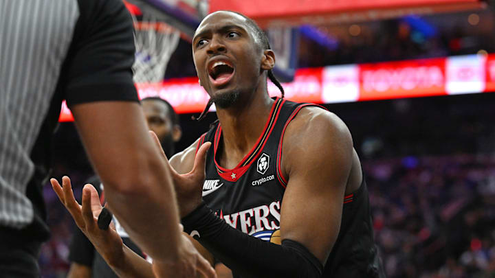 Apr 24, 2026; Philadelphia, Pennsylvania, USA; Philadelphia 76ers guard Tyrese Maxey (0) argues wth the official that he was fouled against the Boston Celtics during the second half at Xfinity Mobile Arena. Mandatory Credit: Eric Hartline-Imagn Images