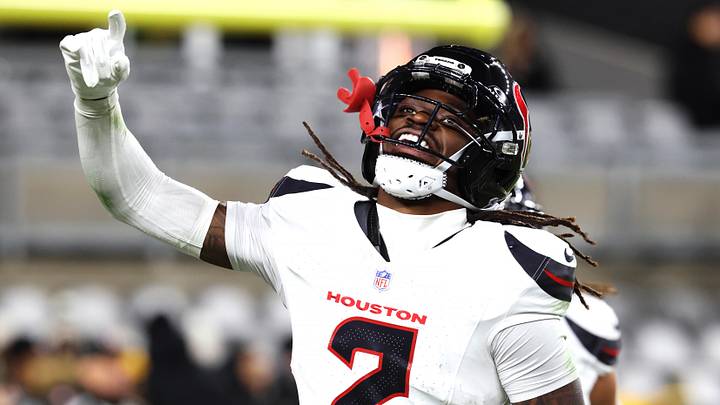 Jan 12, 2026; Pittsburgh, PA, USA; Houston Texans safety Calen Bullock (2) celebrates after a touchdown during the second half of an AFC Wild Card Round game against the Pittsburgh Steelers at Acrisure Stadium. Mandatory Credit: Charles LeClaire-Imagn Images