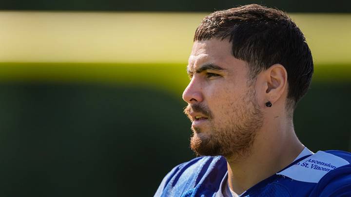 Indianapolis Colts defensive end Laiatu Latu (97) walks up the field Tuesday, Aug. 4, 2026, during practice at Colts Camp at Grand Park in Westfield. Indianapolis Colts defensive end Laiatu Latu (97) walks up the field Tuesday, Aug. 4, 2026, during practice at Colts Camp at Grand Park in Westfield.