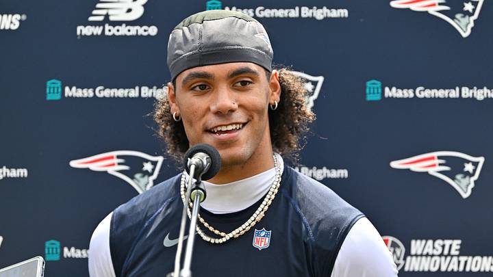 Jul 28, 2026; Foxborough, MA, USA; New England Patriots cornerback Christian Gonzalez (0) speaks to the media after practice at training camp at Gillette Stadium. Mandatory Credit: Eric Canha-Imagn Images