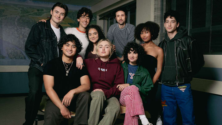 L-R: Spencer Macpherson, Kristian Ventura, Nick Pugliese, Kiara Pichardo, Peyton List, Josh Zuckerman, Sarah Yarkin, Rainbow Wedell and Milo Manheim in School Spirits, Season 2, streaming on Paramount+, 2024. Photo Credit: Ed Araquel/Paramount+.