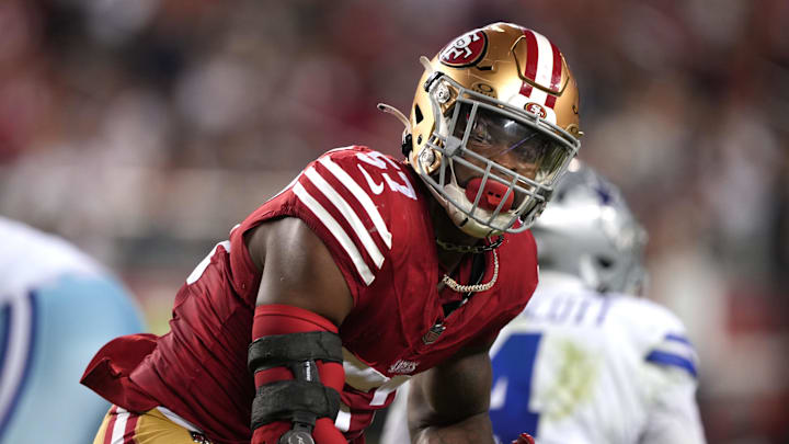 Oct 8, 2023; Santa Clara, California, USA; San Francisco 49ers linebacker Dre Greenlaw (57) reacts after a sack against the Dallas Cowboys during the second quarter at Levi's Stadium.