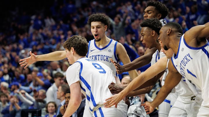 Nov 22, 2024; Lexington, Kentucky, USA; Kentucky Wildcats forward Trent Noah (9) is congratulated by teammates after making a three point basket during the second half against the Jackson State Tigers at Rupp Arena at Central Bank Center. Mandatory Credit: Jordan Prather-Imagn Images Nov 22, 2024; Lexington, Kentucky, USA; Kentucky Wildcats forward Trent Noah (9) is congratulated by teammates after making a three point basket during the second half against the Jackson State Tigers at Rupp Arena at Central Bank Center. Mandatory Credit: Jordan Prather-Imagn Images