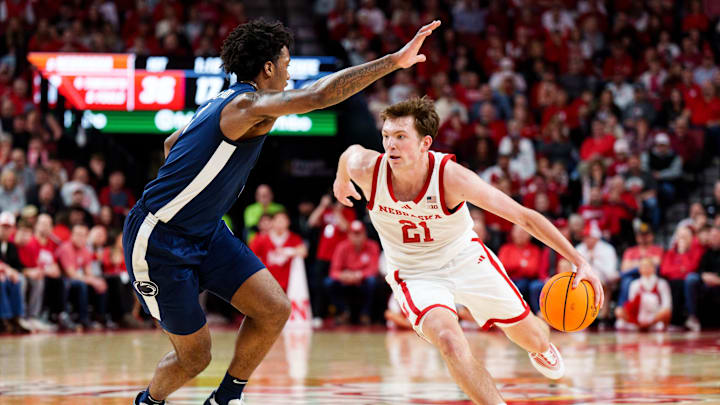 Nebraska forward Pryce Sandfort drives against Penn State forward Mason Blackwood during the first half at Pinnacle Bank Arena. Nebraska forward Pryce Sandfort drives against Penn State forward Mason Blackwood during the first half at Pinnacle Bank Arena.