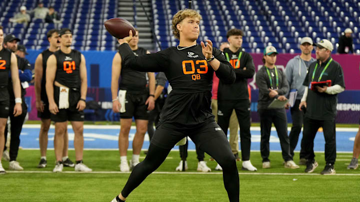 Mississippi quarterback Jaxson Dart competes during the 2025 NFL Combine at Lucas Oil Stadium. Mississippi quarterback Jaxson Dart competes during the 2025 NFL Combine at Lucas Oil Stadium.