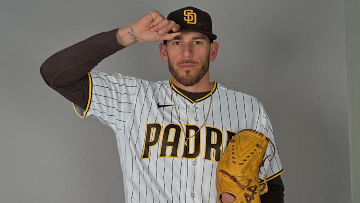 Feb 18, 2026; Peoria, AZ, USA; San Diego Padres starting pitcher Joe Musgrove (44) during spring training photo day. Mandatory Credit: Jayne Kamin-Oncea-Imagn Images