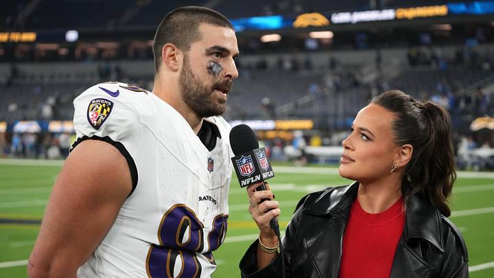Nov 25, 2024; Inglewood, California, USA; Baltimore Ravens tight end Mark Andrews (89) is interviewed by NFL Network reporter Bridget Condon after the game against the Los Angeles Chargers at SoFi Stadium. Mandatory Credit: Kirby Lee-Imagn Images