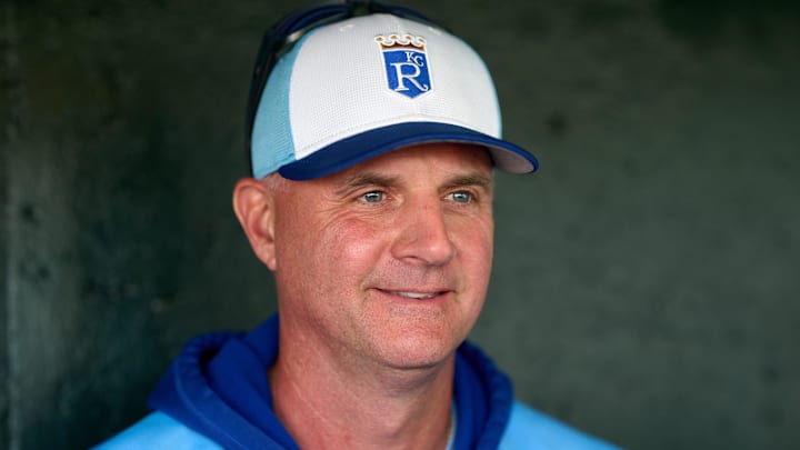 May 20, 2025; San Francisco, California, USA; Kansas City Royals manager Matt Quatraro (33) speaks to the media in the dugout before a game against the San Francisco Giants at Oracle Park. Mandatory Credit: Robert Edwards-Imagn Images