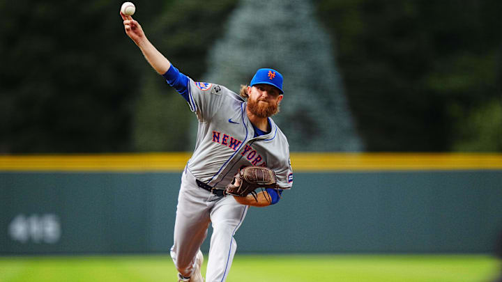 Aug 7, 2024; Denver, Colorado, USA; New York Mets starting pitcher Paul Blackburn (58) delivers a pitch in the first inning against the Colorado Rockies at Coors Field. Mandatory Credit: Ron Chenoy-Imagn Images Aug 7, 2024; Denver, Colorado, USA; New York Mets starting pitcher Paul Blackburn (58) delivers a pitch in the first inning against the Colorado Rockies at Coors Field. Mandatory Credit: Ron Chenoy-Imagn Images