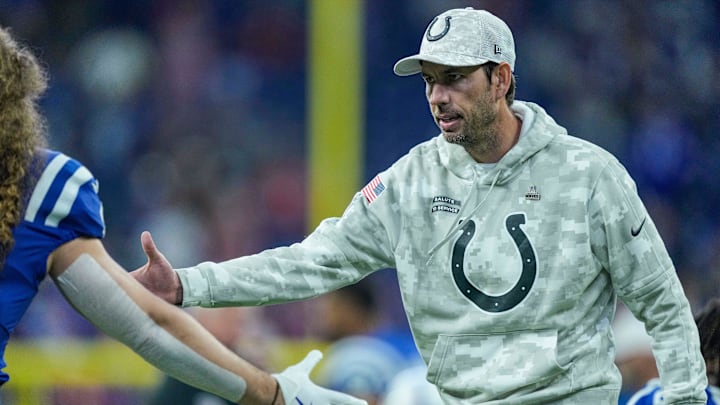 Indianapolis Colts Shane Steichen high-fives Indianapolis Colts linebacker Grant Stuard (41) during pregame warm-up Sunday, Nov. 10, 2024, ahead of a game against the Buffalo Bills at Lucas Oil Stadium in Indianapolis. Indianapolis Colts Shane Steichen high-fives Indianapolis Colts linebacker Grant Stuard (41) during pregame warm-up Sunday, Nov. 10, 2024, ahead of a game against the Buffalo Bills at Lucas Oil Stadium in Indianapolis.
