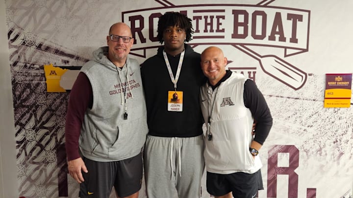 Lakeville South OL Joseph Hamer with Gophers OL coach Brian Callahan (left) and P.J. Fleck (right). 