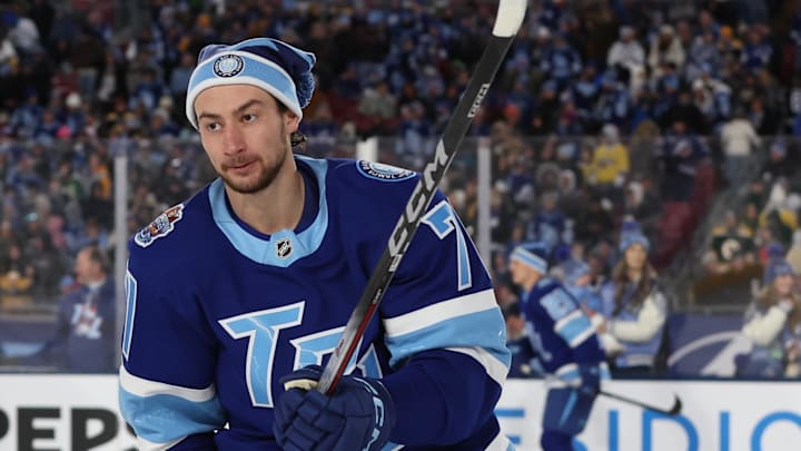 Feb 1, 2026; Tampa Bay, Florida, USA; Tampa Bay Lightning center Anthony Cirelli (71) warms up on the ice prior to the 2026 Stadium Series ice hockey game against the Boston Bruins at Raymond James Stadium. Mandatory Credit: Kim Klement Neitzel-Imagn Images