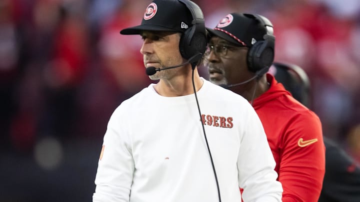 Jan 5, 2025; Glendale, Arizona, USA; San Francisco 49ers head coach Kyle Shanahan against the Arizona Cardinals at State Farm Stadium. Mandatory Credit: Mark J. Rebilas-Imagn Images