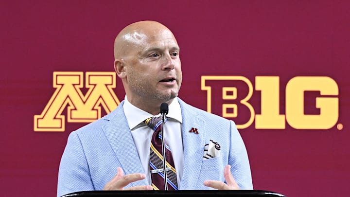 Jul 25, 2024; Indianapolis, IN, USA; Minnesota Golden Gophers head coach P.J. Fleck speaks to the media during the Big 10 football media day at Lucas Oil Stadium. Mandatory Credit: Robert Goddin-Imagn Images Jul 25, 2024; Indianapolis, IN, USA; Minnesota Golden Gophers head coach P.J. Fleck speaks to the media during the Big 10 football media day at Lucas Oil Stadium. Mandatory Credit: Robert Goddin-Imagn Images