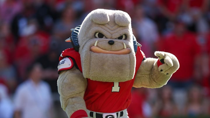 Oct 12, 2024; Athens, Georgia, USA; Georgia Bulldogs mascot Hairy Dawg on the field before a game against the Mississippi State Bulldogs at Sanford Stadium. Mandatory Credit: Brett Davis-Imagn Images
