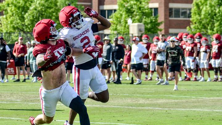 Oklahoma safety Omarion Robinson breaks up a pass intended for tight end Kade McIntyre during practice. Oklahoma safety Omarion Robinson breaks up a pass intended for tight end Kade McIntyre during practice.