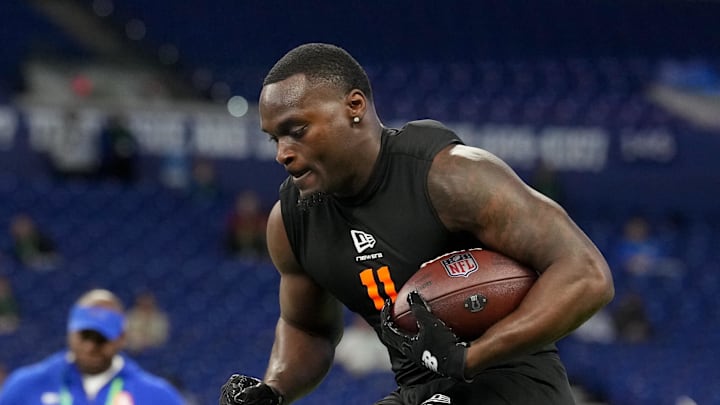 Feb 28, 2026; Indianapolis, IN, USA; Notre Dame running back Jeremiyah Love (RB11) during the NFL Scouting Combine at Lucas Oil Stadium. Mandatory Credit: Kirby Lee-Imagn Images